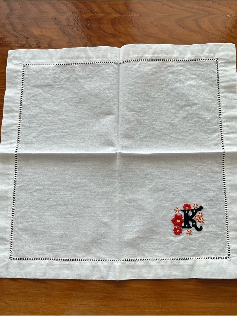 Set of 6 White Cotton Napkins w/Yellow and Orange Flowers and Black 'K' monogram